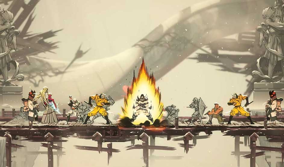 Tekenfilmfiguren staan tegenover elkaar op een brug, met een vurige explosie in het midden. Merk: Bladed Fury.