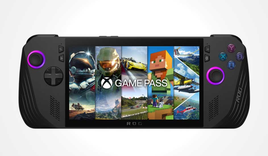 Op de afbeelding zie je een ASUS ROG handheld spelcomputer met kleurrijke knoppen en een scherm waarop Xbox Game Pass games worden getoond.