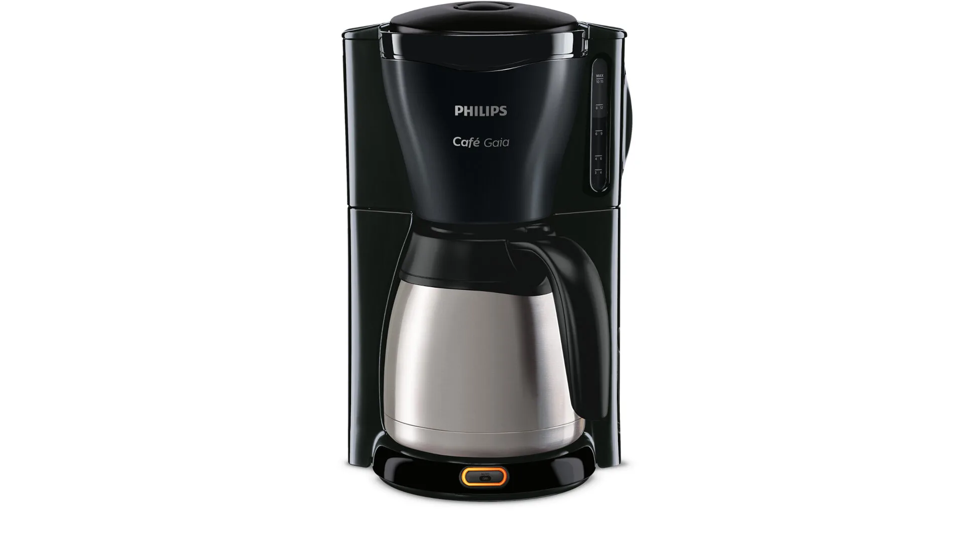 Zwarte Philips Cafe Gaia koffiezetapparaat met zilveren thermoskan en oranje knop op een witte achtergrond.