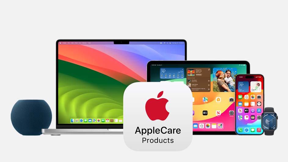 Apple producten: laptop, tablet, telefoon, horloge, speaker en AppleCare Products logo op een witte achtergrond.