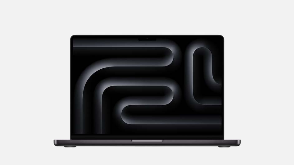 Laptop with black screen displays gray maze pattern on a white background.