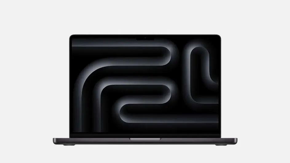 Laptop with black screen displays gray maze pattern on a white background.