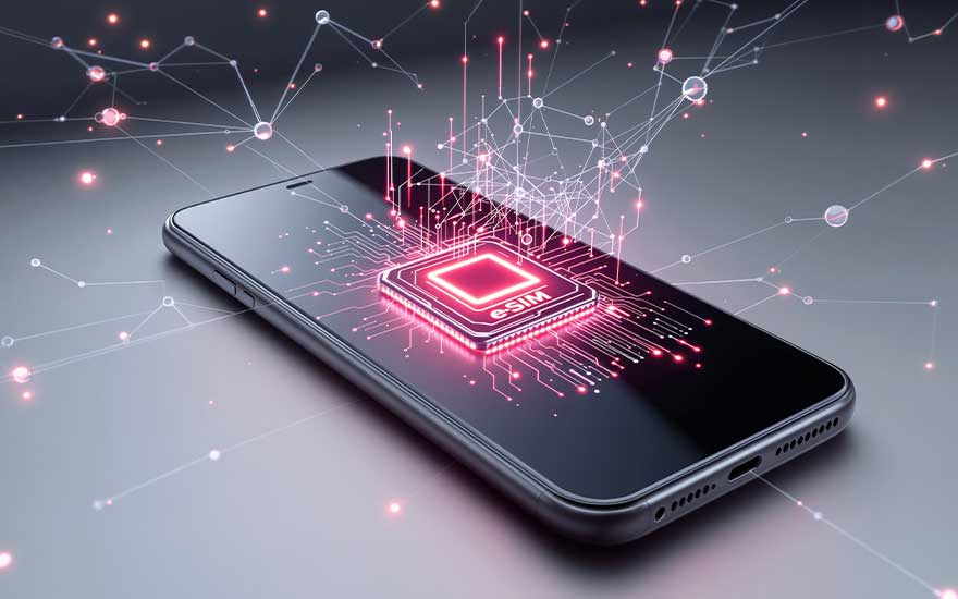 Smartphone met gloeiende processor en roze netwerkverbindingen die moderne eSIM-technologie demonstreren.