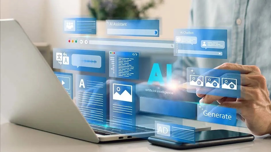 Hands using a laptop surrounded by glowing AI interface windows, with chatbot, image and text tools floating above the screen.