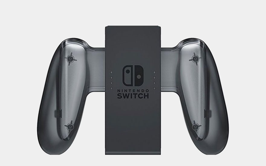 Grijze Nintendo Switch oplaadstation met twee transparante Joy-Con controllers bevestigd, voor het opladen van controllers met stijlvol design.
