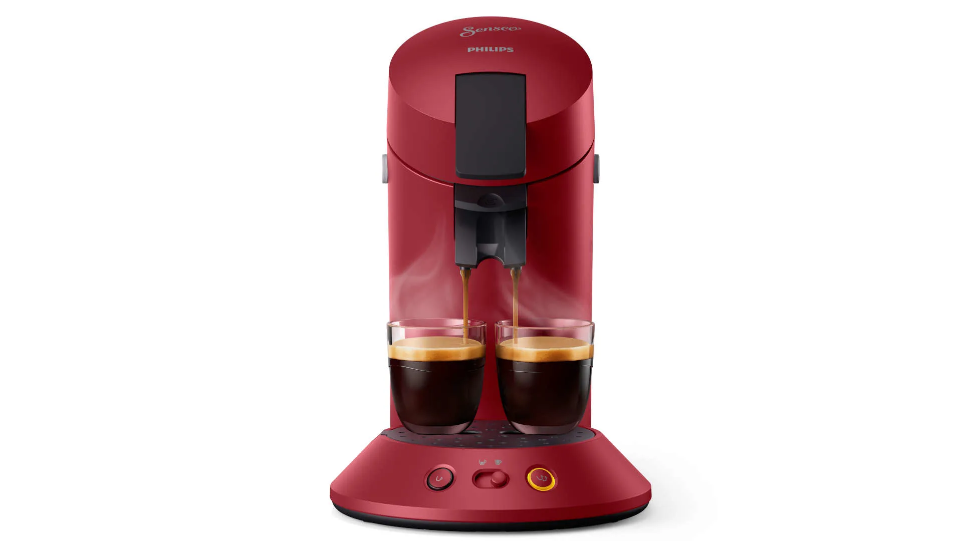 Rode Senseo koffiezetapparaat vult twee glazen met koffie, op een witte achtergrond.