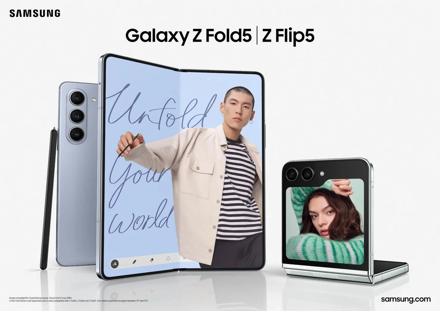 Drie Samsung telefoons staan op een witte achtergrond. Een opengeklapte Z Fold5, een Z Flip5 en een telefoon met een stylus.