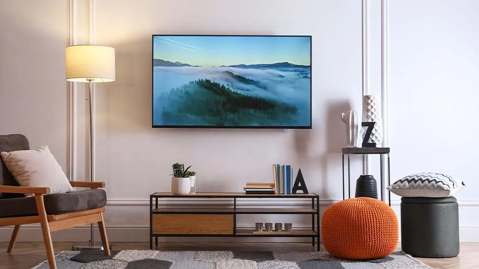 Living room view with a TV showing landscape, chair, lamp, and shelves with books and decorations on a patterned rug.