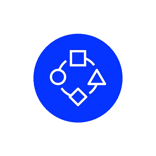 Blauwe cirkel met witte vormen: cirkel, vierkant, ruit en driehoek, verbonden door een gebogen lijn.