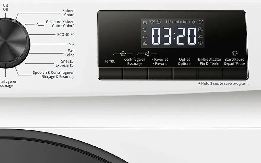 This is a close-up of a Bosch washing machine control panel, showing various wash settings and a digital display reading 03:20.