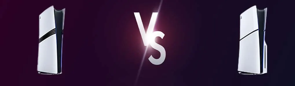 Twee PlayStation 5-consoles tegenover elkaar met een "VS" in het midden.