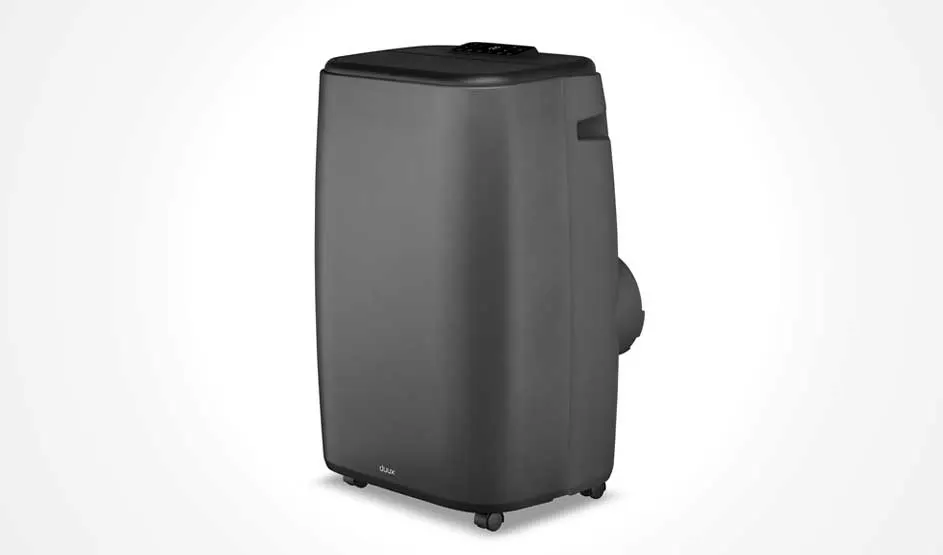 A black Duux portable air conditioner stands on wheels against a plain white background, featuring a modern, sleek and compact design with rounded corners.