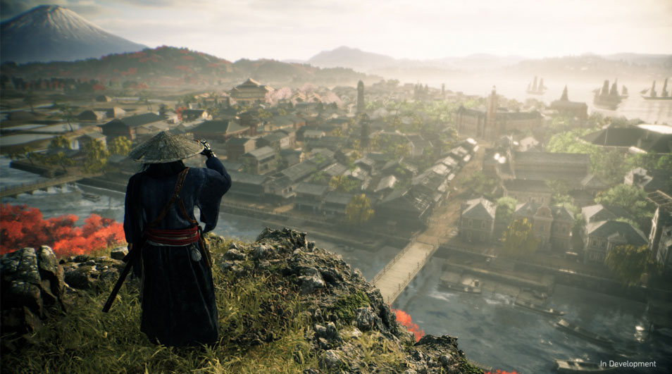 Een samoerai met een strohoed staat op een rots en kijkt uit over een Japans stadje met kanalen, boten en een haven; in de verte liggen heuvels en een besneeuwde berg in zacht ochtendlicht.