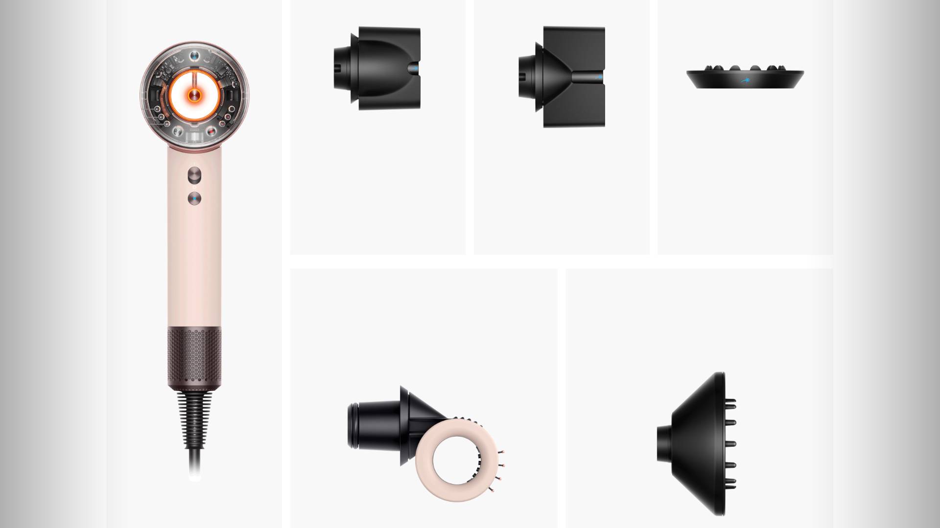 Roze Dyson föhn met zes verschillende opzetstukken en een opbergdoos, alles op een witte achtergrond.