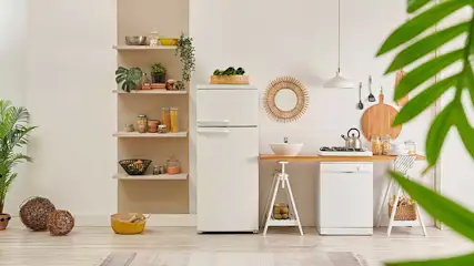Een lichte keuken met witte koelkast, open planken, kamerplanten, rieten manden, een wasbak en houten details in rustige stijl.