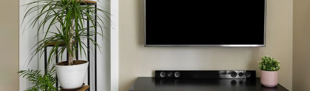 A living room features a TV, sound bar, and two potted plants. The TV is mounted above a dark console table.