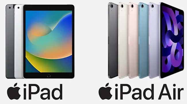 Verschillende iPads in grijstinten en een iPad Air in verschillende pastelkleuren staan naast elkaar op een witte achtergrond.