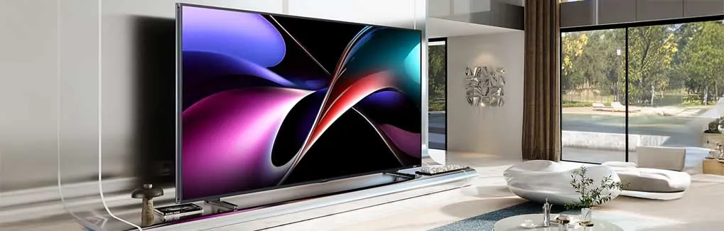 Een moderne televisie toont levendige abstracte kunstwerken in paars, magenta, cyaan en rood op zwarte achtergrond. Luxe woonkamer met raam, plant, decoratie. Minimalistisch design met uitstekende beeldkwaliteit.