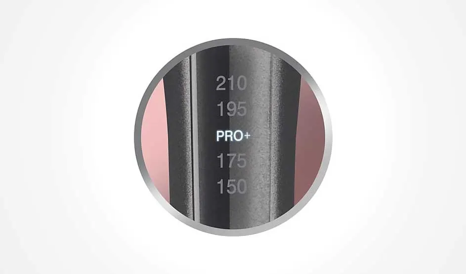 Een ronde close-up toont een temperatuurindicator van een stylingtool met 150–210 en ‘PRO+’ verlicht in het midden.