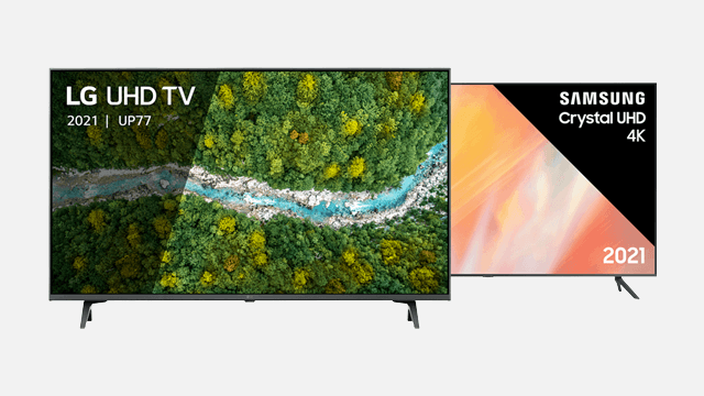 Twee televisies staan op een wit oppervlak. Eén toont een rivier door groen bos, de andere een oranje-zwart patroon.