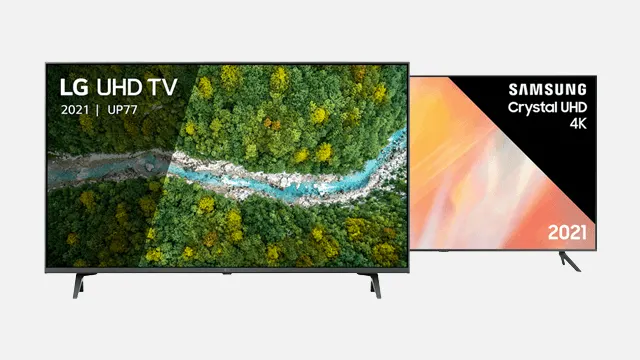 Twee televisies staan op een wit oppervlak. Eén toont een rivier door groen bos, de andere een oranje-zwart patroon.