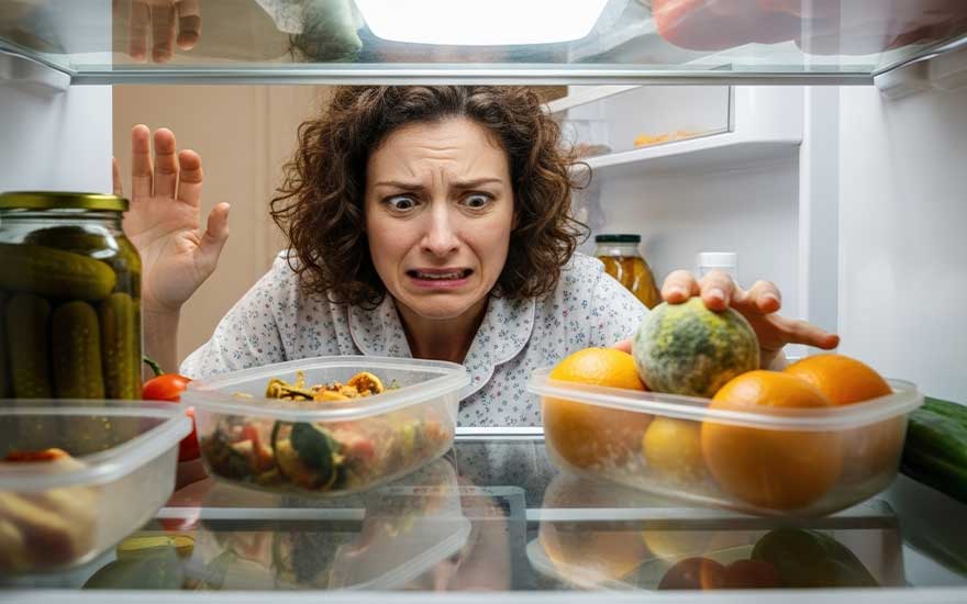 Vrouw kijkt angstig naar beschimmeld fruit in de koelkast, haar gezichtsuitdrukking toont onrust om het bedorven eten binnenin.