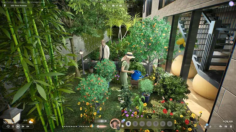Een tuin met bloemen, bamboe, een vrouw met gieter en een mannelijk figuur bij een lamp.
