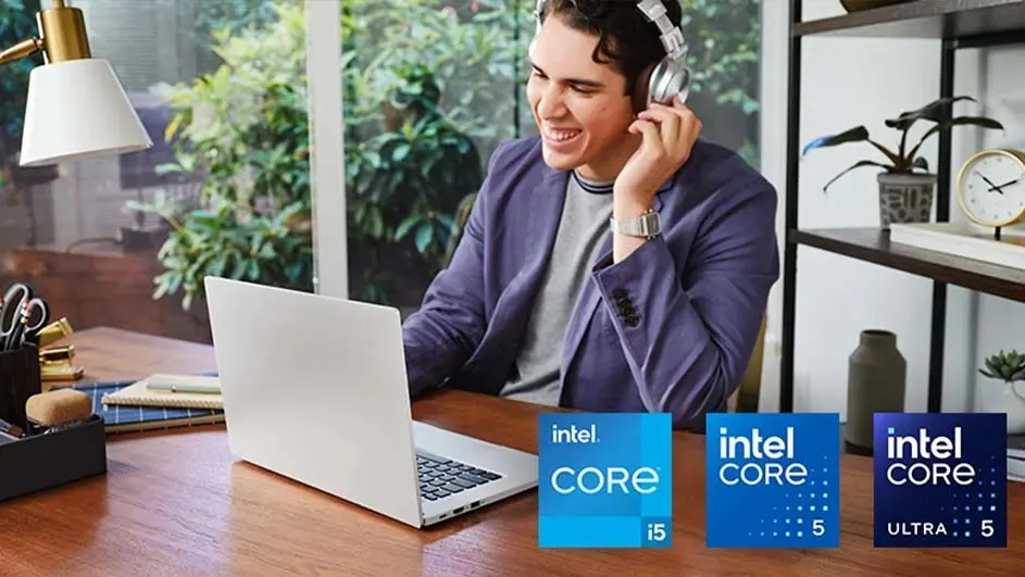 Young man wearing headphones smiling at a laptop on wooden desk, with plants, desk lamp and Intel Core logos below.