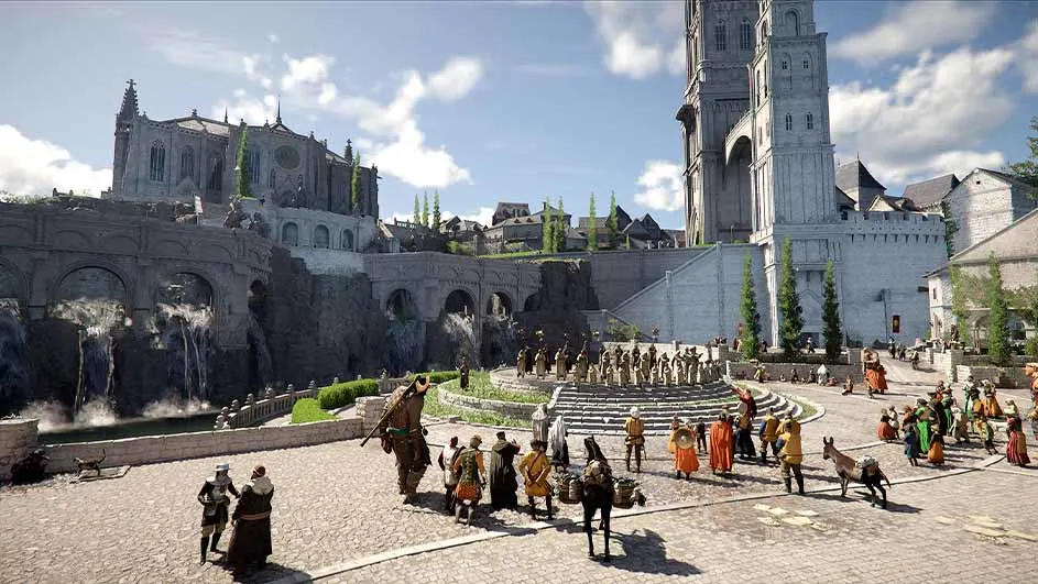 Een stadsplein met mensen en ezels voor een kasteel onder een blauwe lucht met witte wolken.