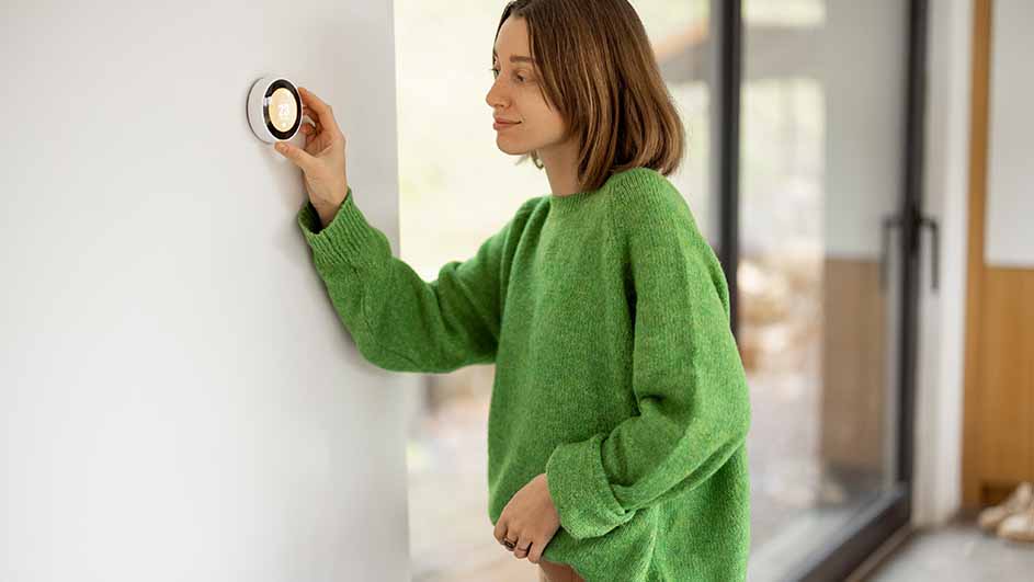 Een vrouw in een groene trui past een ronde, witte thermostaat aan de witte muur aan. Een deur is op de achtergrond te zien.