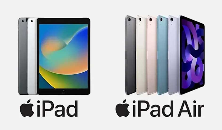 Links staan drie iPads in grijs en wit met één scherm vooraan; rechts een waaier iPad Airs in pastelkleuren met paars scherm en logo’s.
