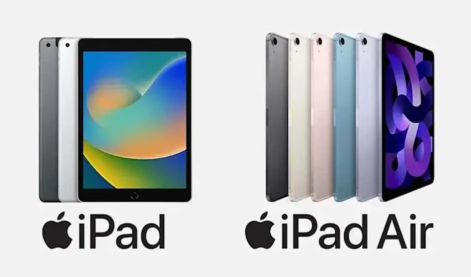 Links staan drie iPads in grijs en wit met één scherm vooraan; rechts een waaier iPad Airs in pastelkleuren met paars scherm en logo’s.