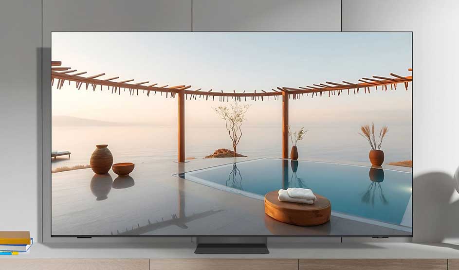 Een grote tv toont een serene kustscène met een spiegelend bad, houten pergola, vazen en zacht ochtendlicht boven de zee.