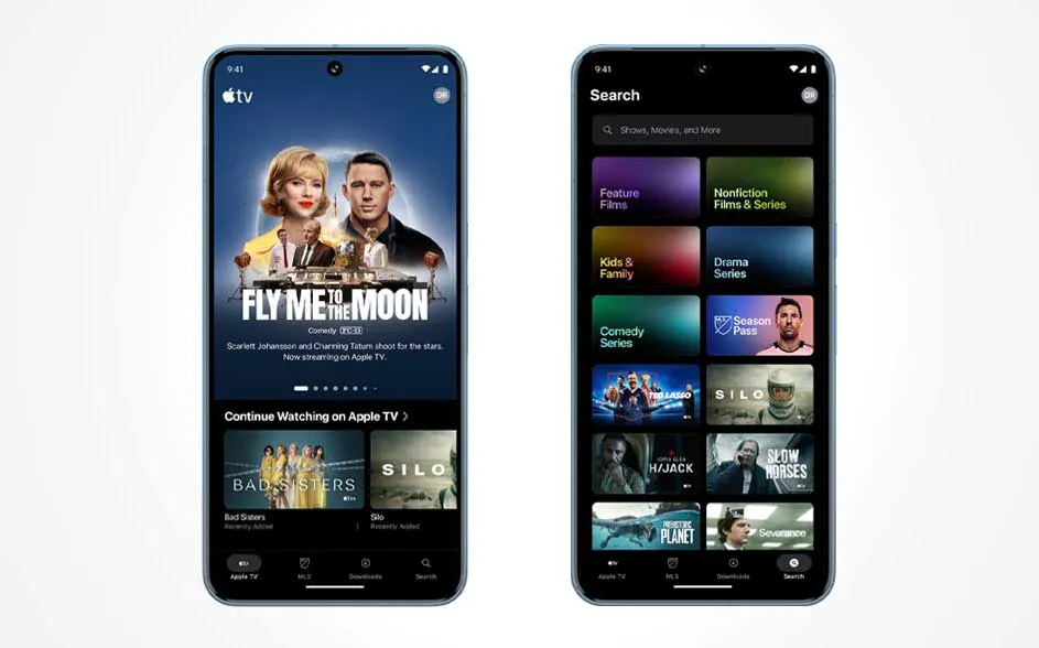 Twee smartphones tonen Apple TV: links de film Fly Me to the Moon met cast, onderaan kijk verder; rechts een zoekpagina met categorieën.