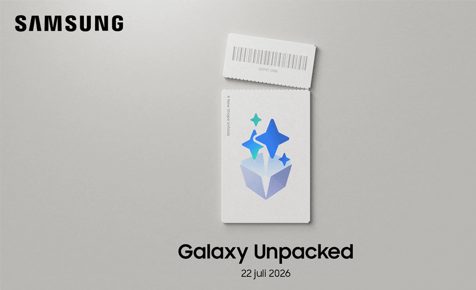 Samsung-banner voor Galaxy Unpacked op 22 juli 2026 met een open wit doosje in het midden.