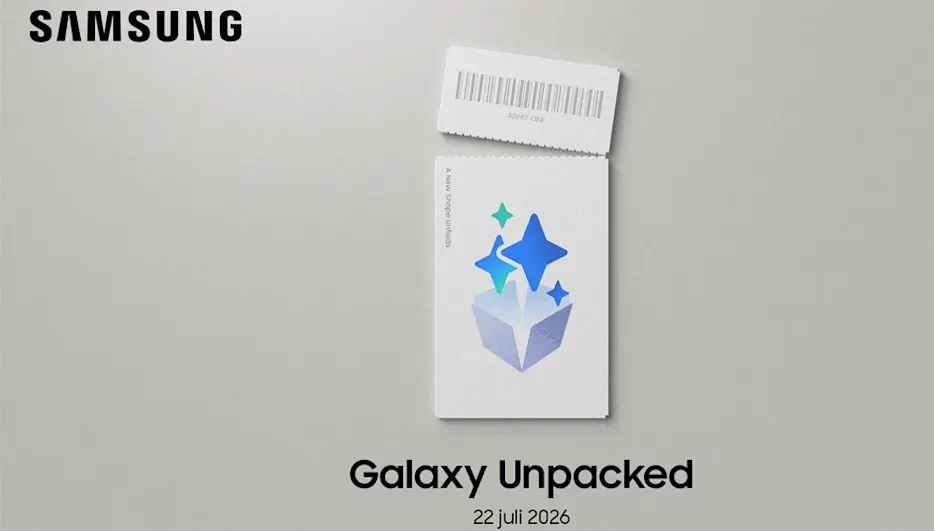 Samsung-banner voor Galaxy Unpacked op 22 juli 2026 met een open wit doosje in het midden.