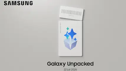 Samsung banner for Galaxy Unpacked on July 22, 2026, with an open white box in the center.