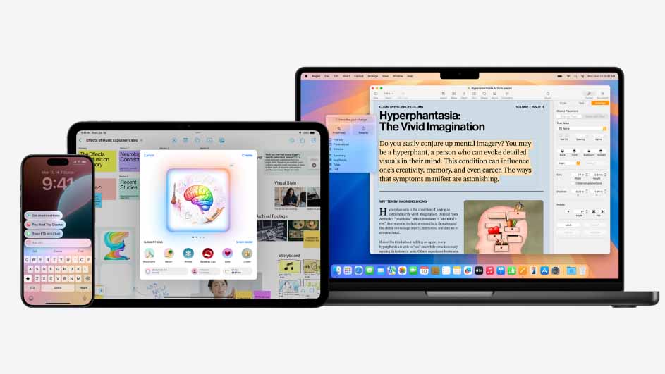 Op een witte achtergrond staan een iPhone, een iPad en een MacBook met een interface die op alle schermen zichtbaar is.