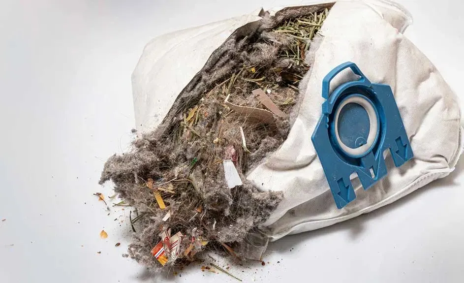 A full vacuum cleaner bag is open, spilling dust, hair, and debris; a blue plastic holder is visible on the right side.