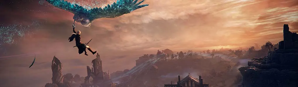 Een fantasie-achtige game-afbeelding van een figuur dat zich met één hand vasthoudt aan de poot van een grote, blauw oplichtende vogel in de lucht. Op de achtergrond een ruïnelandschap bij zonsondergang met warme oranje- en paarstinten.