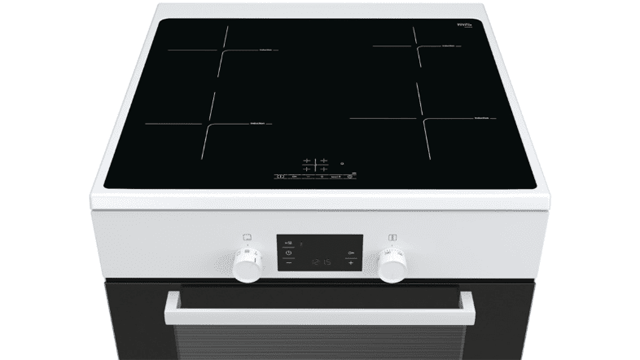 The image shows a white oven with a black stovetop that has four cooking zones marked by white crosses. Below, are two knobs and a screen.