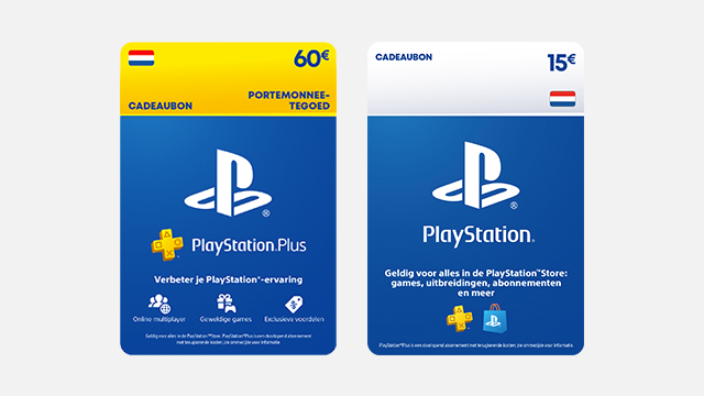 Twee cadeaubonnen voor PlayStation, één voor 60 euro en één voor 15 euro, met blauwe en gele accenten.