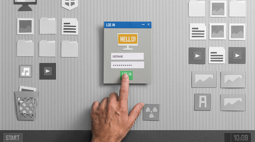 Een hand drukt op de groene 'Log in'-knop van een login-schermpje op een gestreepte achtergrond met pictogrammen.