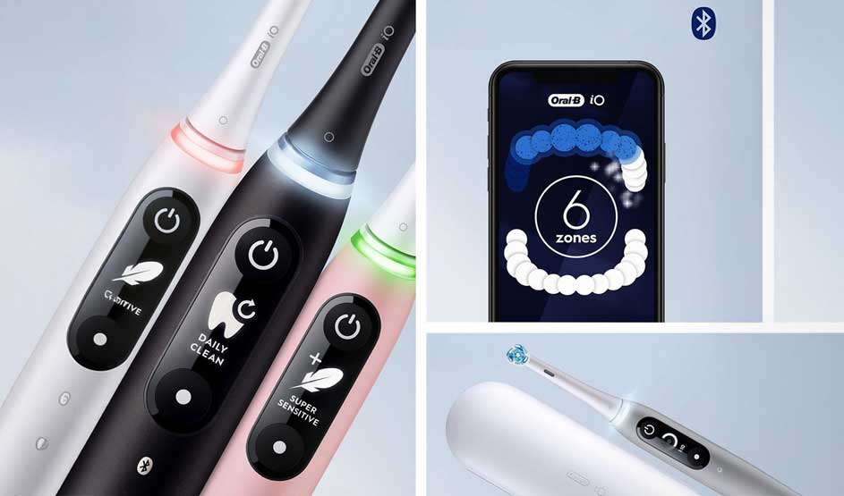 Drie Oral-B iO elektrische tandenborstels in verschillende kleuren naast een smartphone-app die 6 poetszones toont.