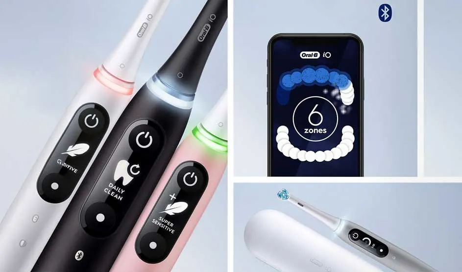 Drie Oral-B iO elektrische tandenborstels in verschillende kleuren naast een smartphone-app die 6 poetszones toont.