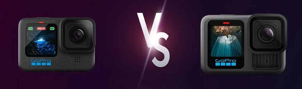 Een GoPro HERO12 aan de linkerkant en een GoPro HERO13 gescheiden door de letters "VS" ertussen om de vergelijking aan te geven.