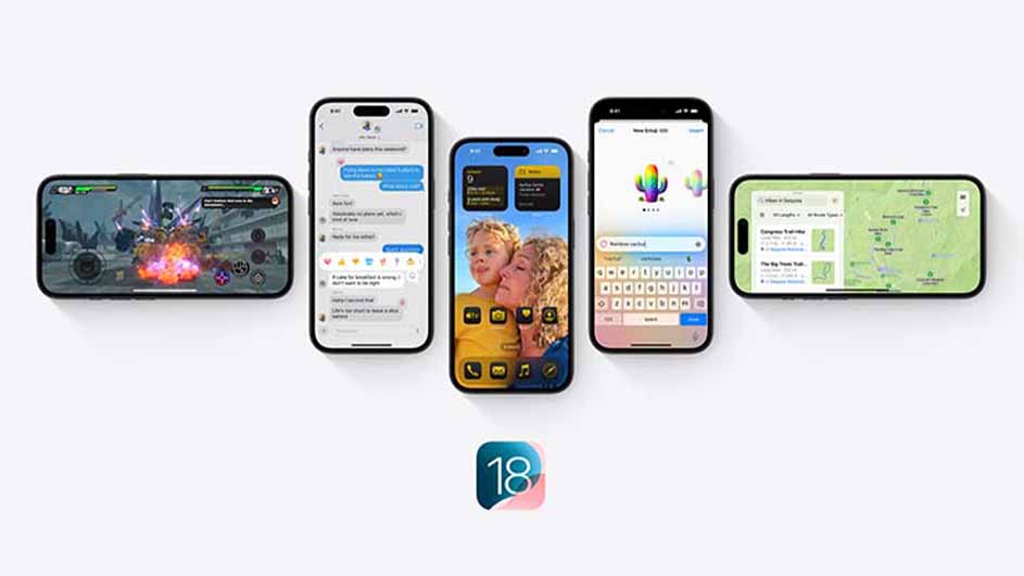 Vijf telefoons tonen een spel, berichten, een foto, een toetsenbord en een kaart. Onder hen staat een logo met het nummer 18.