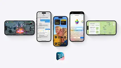 Vijf telefoons tonen een spel, berichten, een foto, een toetsenbord en een kaart. Onder hen staat een logo met het nummer 18.