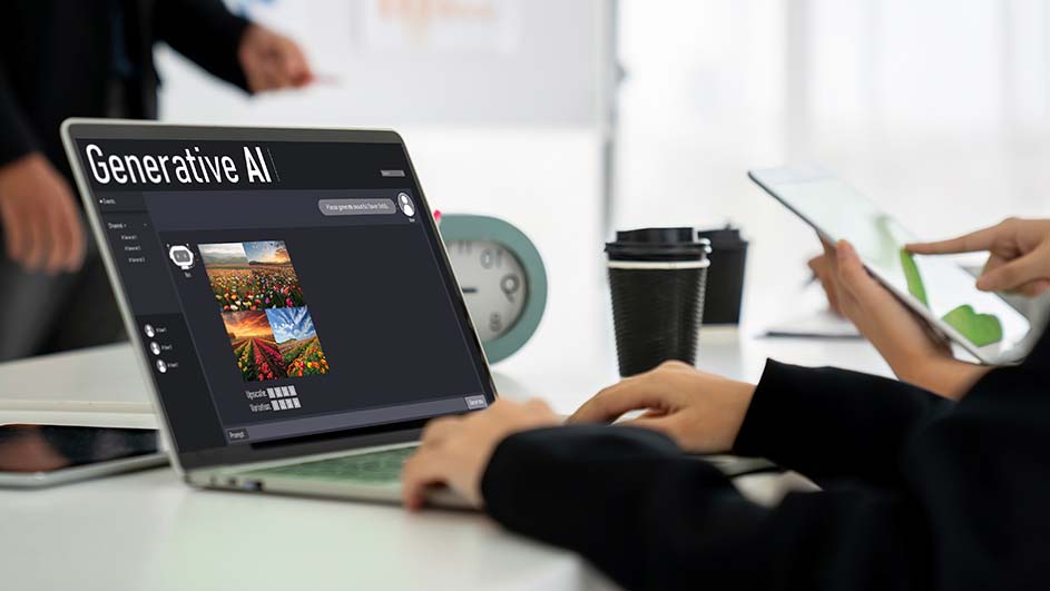 Laptop toont 'Generative AI', met afbeeldingen. Een persoon typt, koffiebekers en een tablet liggen op een witte tafel.