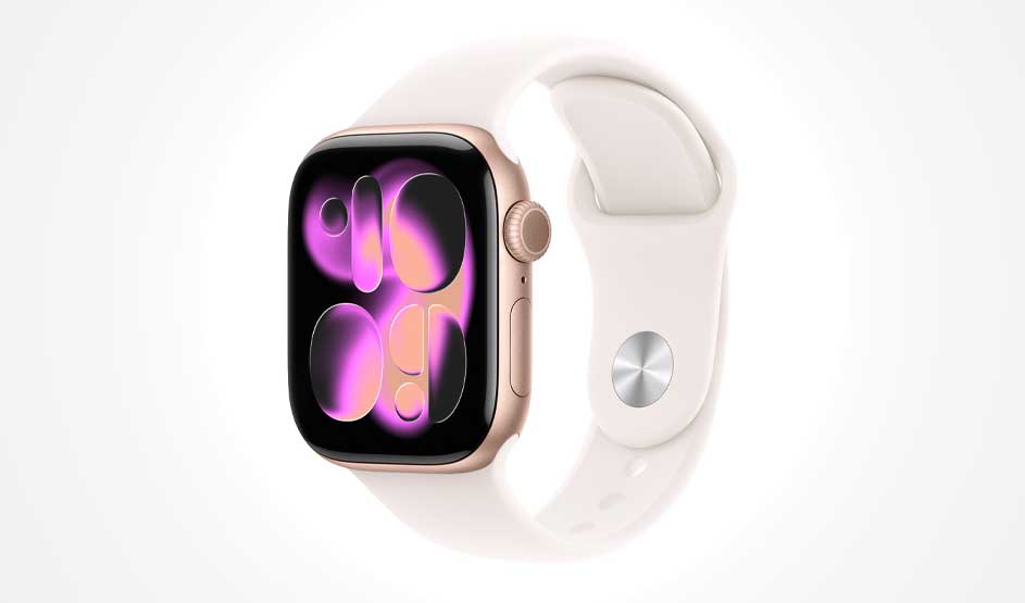Rose gold Apple Watch with white sport band displaying purple and pink glowing numerals on black screen.